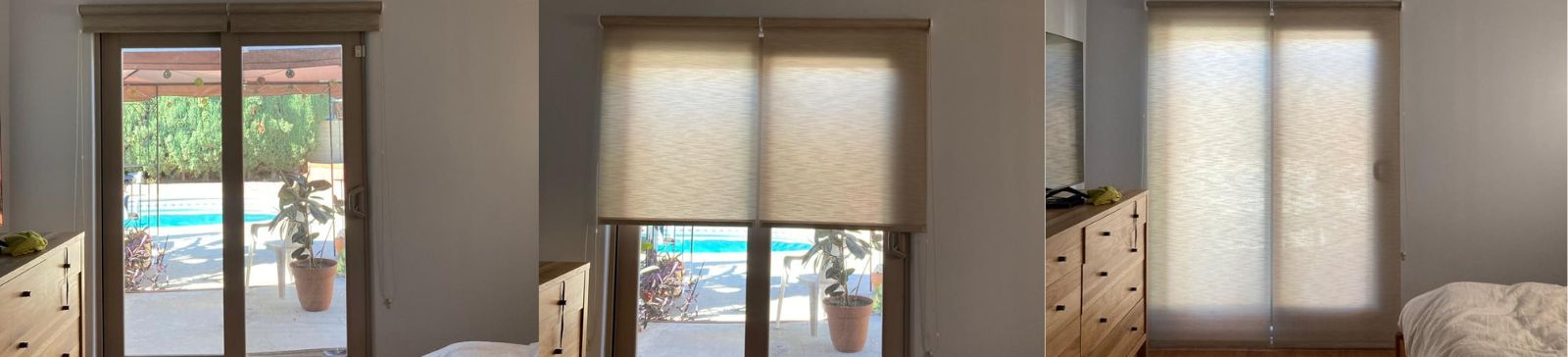 Elegant custom roller sheer shades fully lowered on a Concord bedroom’s patio door, creating a soft and private ambiance.